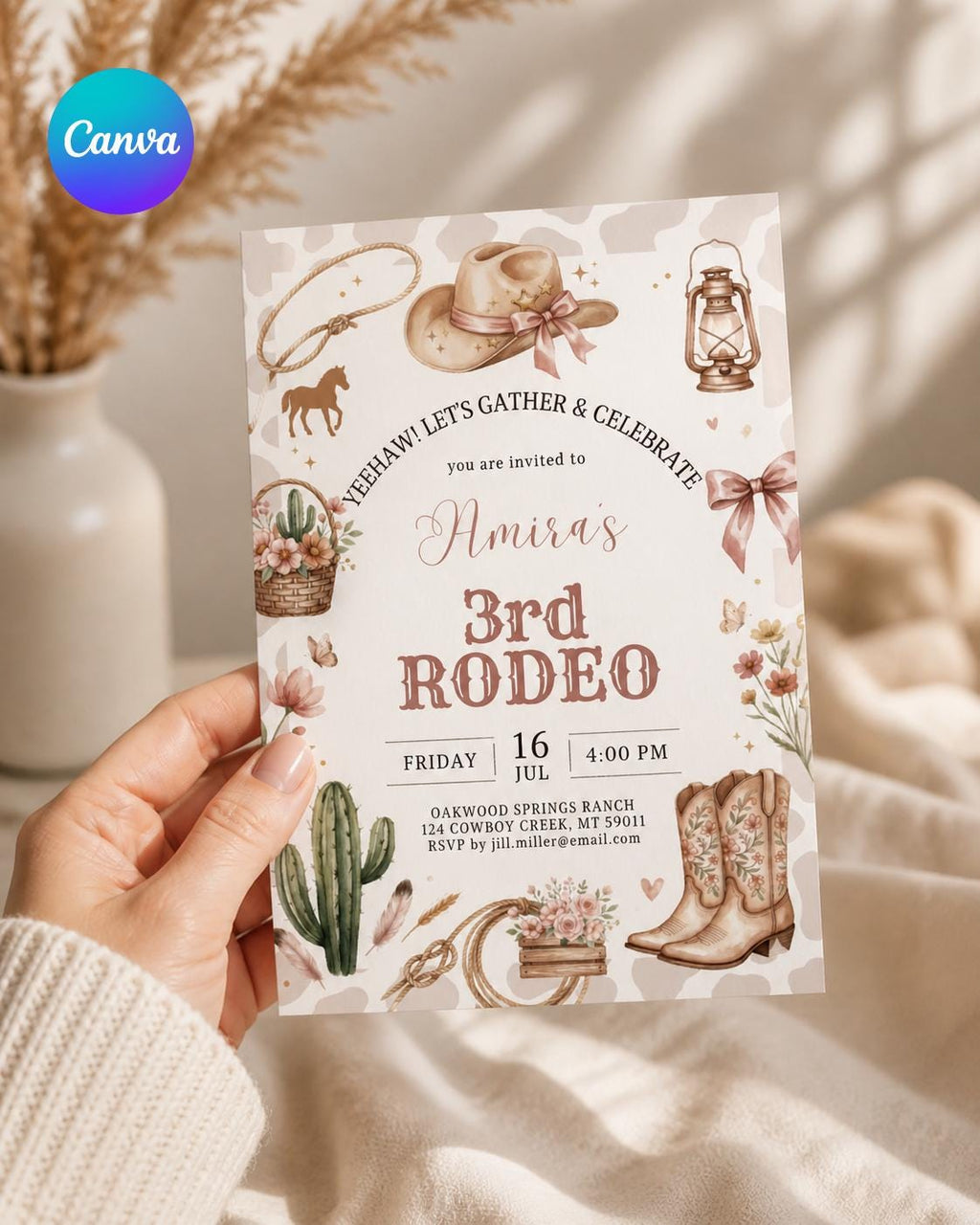 First Rodeo Birthday Invitation, Editable My 1st Rodeo Girl Cowgirl Invites, First Rodeo Invite, Cowgirl Invitation, Editable Canva Template