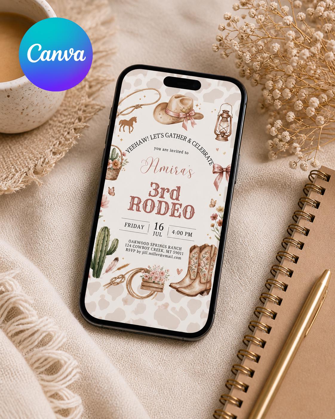 First Rodeo Birthday Invitation, Editable My 1st Rodeo Girl Cowgirl Invites, First Rodeo Invite, Cowgirl Invitation, Editable Canva Template
