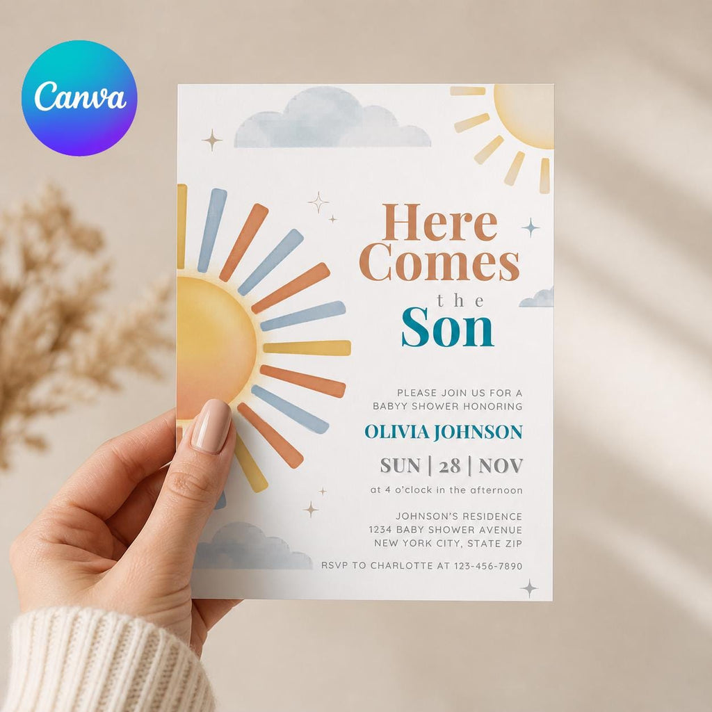 Retro Sun Baby Shower Invitation , Here Comes the Son Invite, Groovy Retro Baby Boy Sun Shower Invitation (A1)