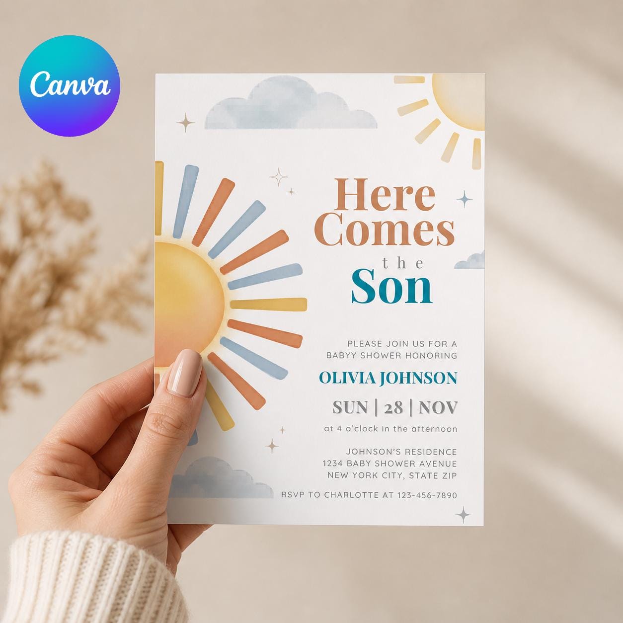 Retro Sun Baby Shower Invitation , Here Comes the Son Invite, Groovy Retro Baby Boy Sun Shower Invitation (A1)