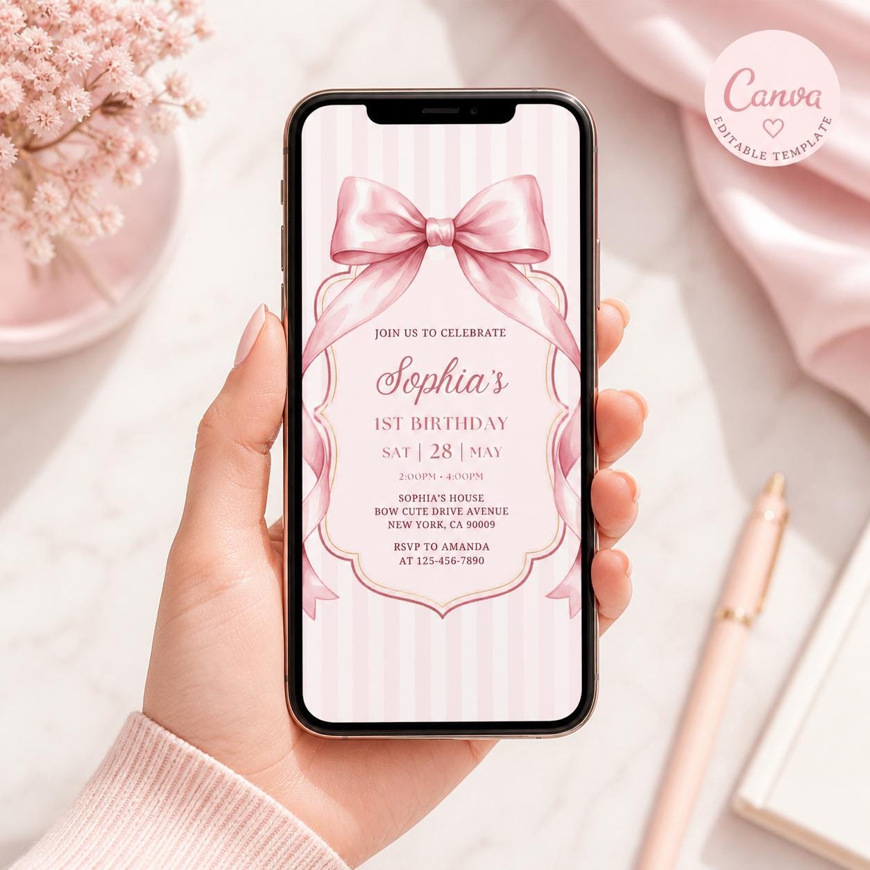 Pink Bow Birthday Invitation, Girl Ribbon , Pink Bow Girls Birthday Invitation , Birthday Invite, Party Invite, Girls Birthday Invitation