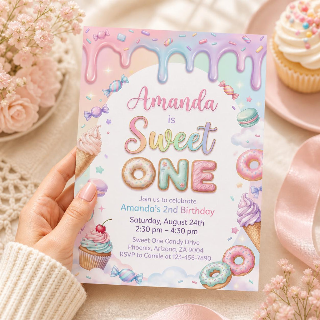Sweet One Birthday Invitation , pink Sprinkle Sundae Birthday Invite