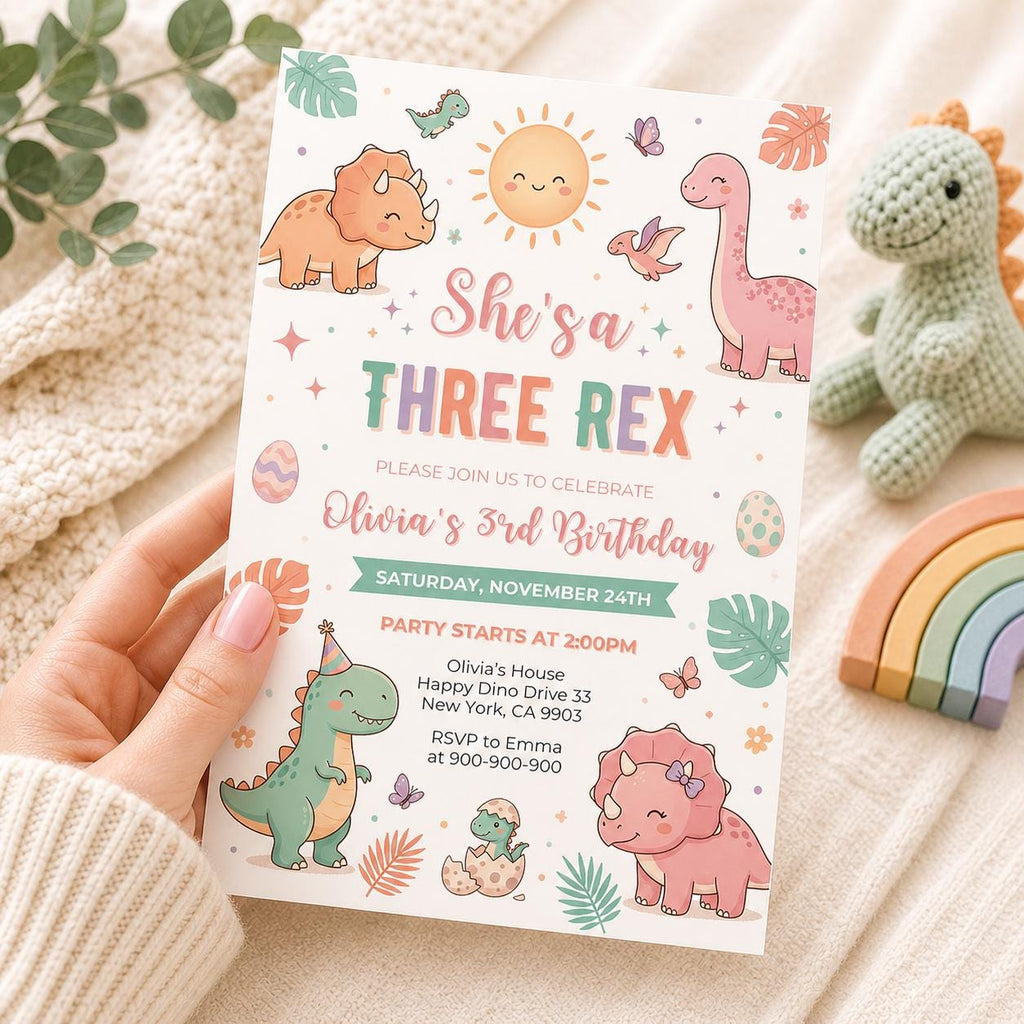 Girl Dinosaur "She's a Three Rex" Birthday Invitation (Digital Download)