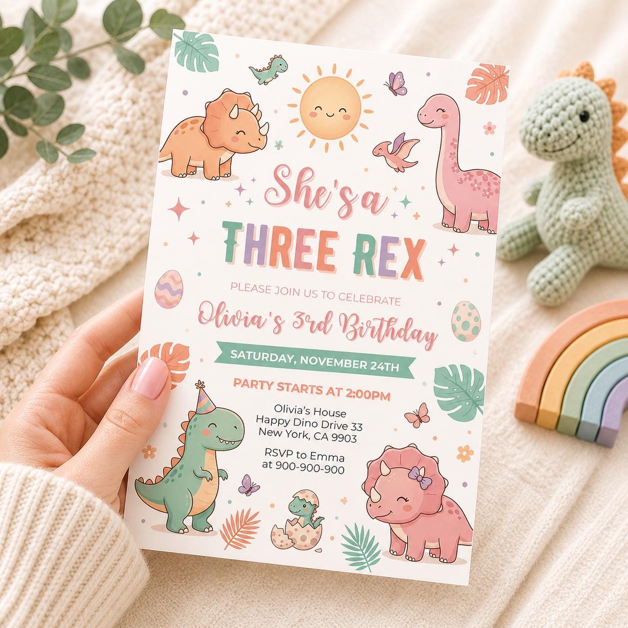 Girl Dinosaur "She's a Three Rex" Birthday Invitation (Digital Download)