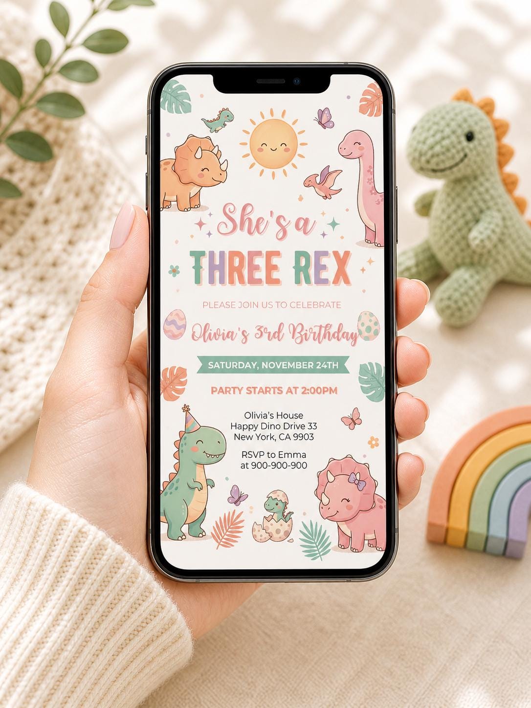 Girl Dinosaur "She's a Three Rex" Birthday Invitation (Digital Download)