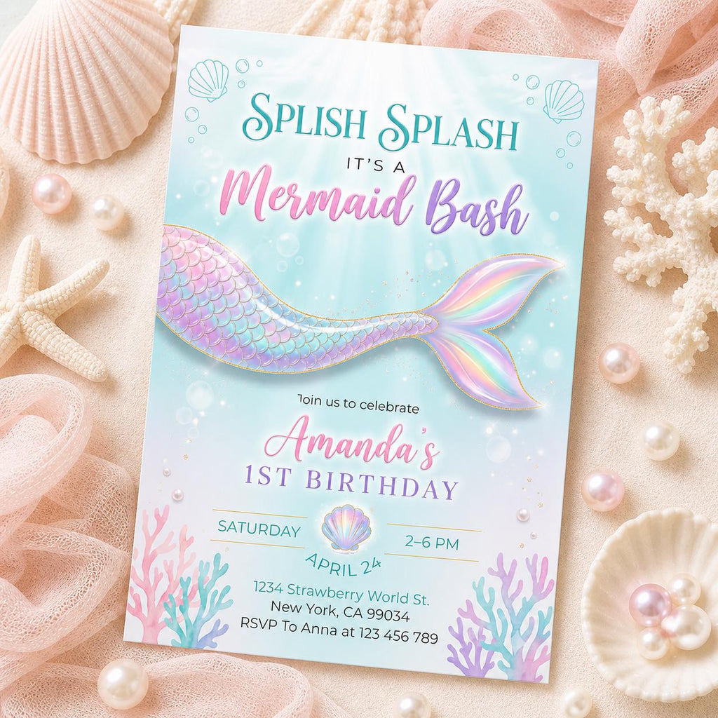 Mermaid Birthday Invitation, Under the Sea Party, Editable Canva Template