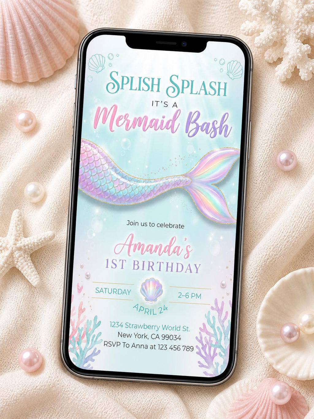 Mermaid Birthday Invitation, Under the Sea Party, Editable Canva Template