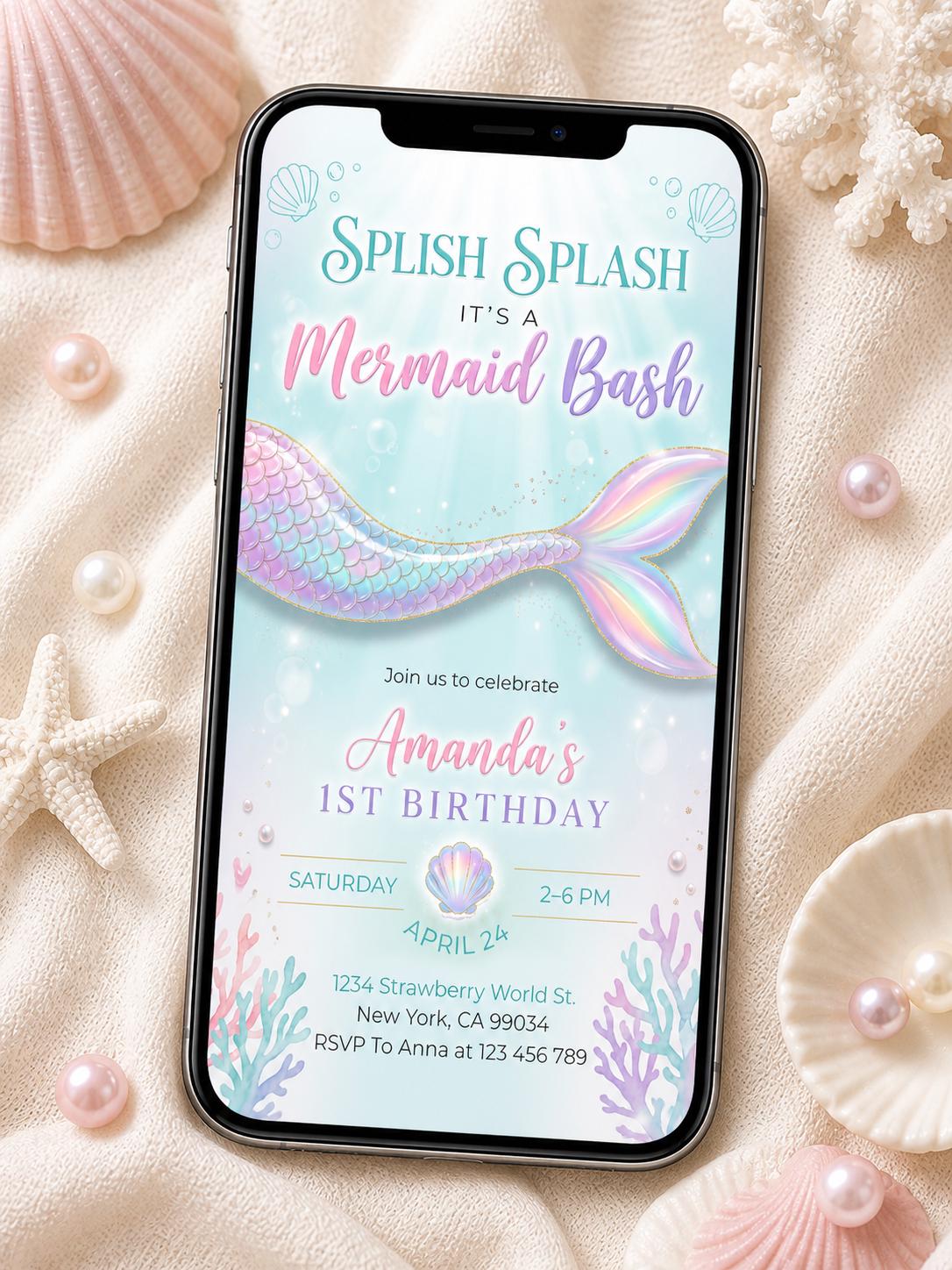 Mermaid Birthday Invitation, Under the Sea Party, Editable Canva Template