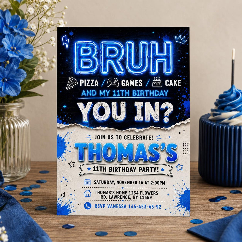 Printable Bruh birthday invitation, Gamer boy bday invite, teenager birthday, Bruh It's My Birthday invite template, teens party, Bro Dude