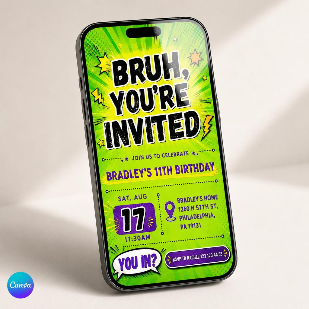Printable Bruh birthday invitation, Gamer boy bday invite, teenager birthday, Bruh It's My Birthday invite template, teens party, Bro Dude