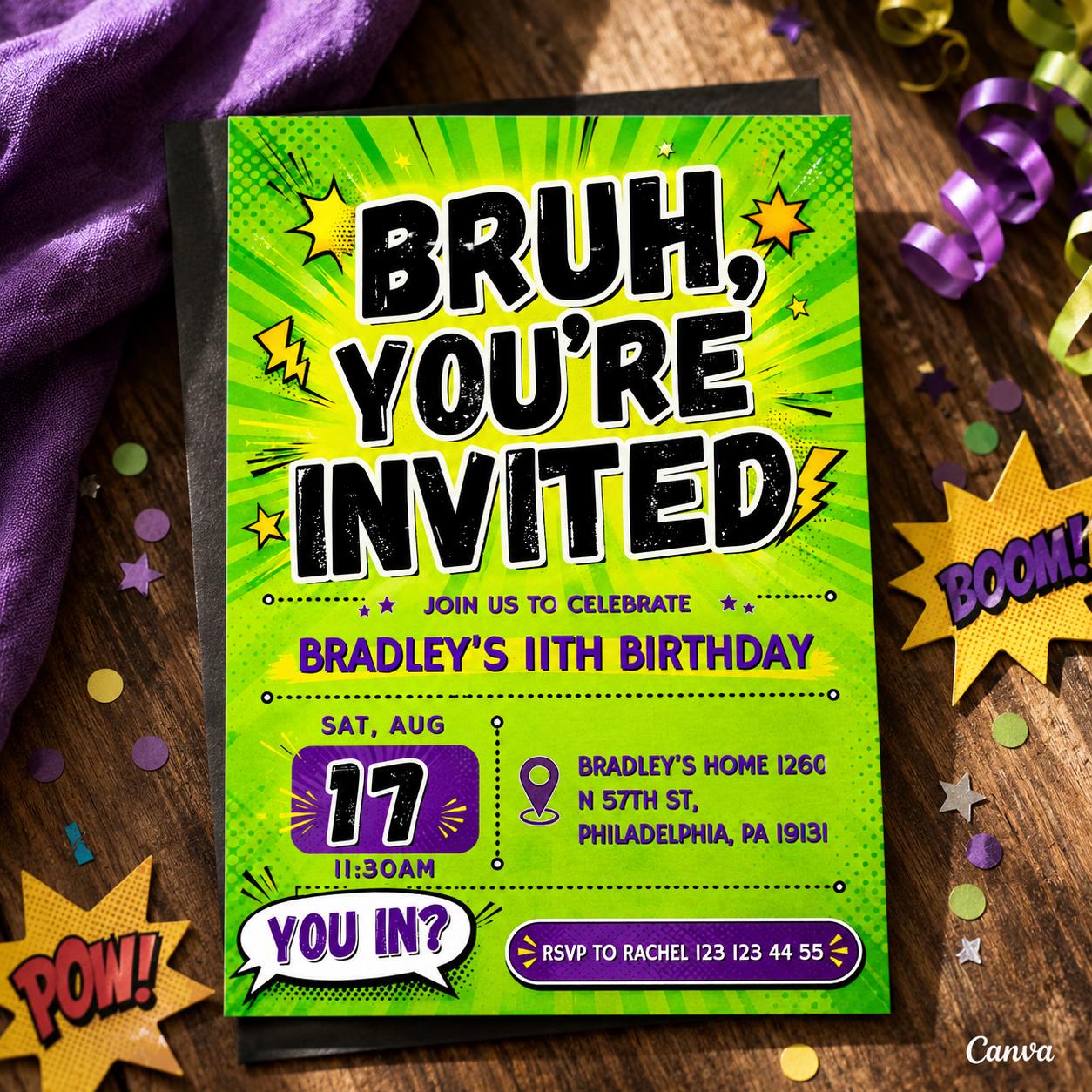 Printable Bruh birthday invitation, Gamer boy bday invite, teenager birthday, Bruh It's My Birthday invite template, teens party, Bro Dude
