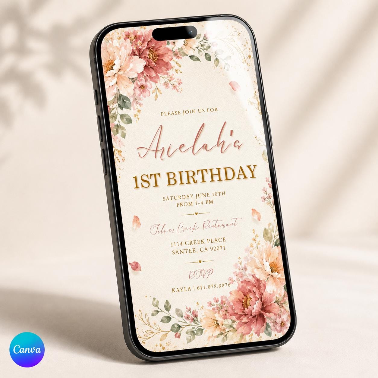 Floral First Birthday Invitation | Editable Garden Floral Invite|Printable Wildflower 1st Birthday | Girls Birthday Invitation Template , A4