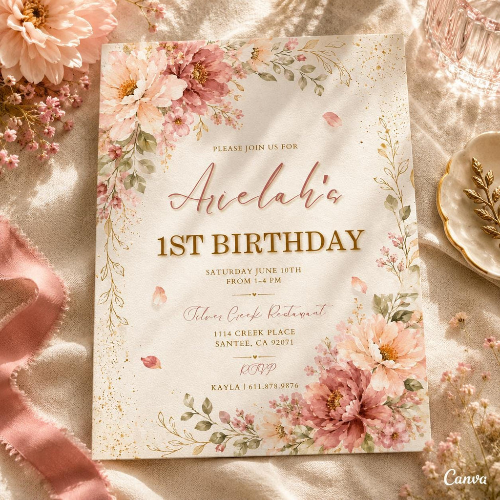 Floral First Birthday Invitation | Editable Garden Floral Invite|Printable Wildflower 1st Birthday | Girls Birthday Invitation Template , A4