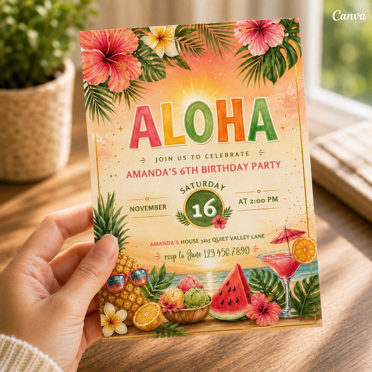Aloha party invitation, Luau birthday, printable editable girl invite template, Pineapple invitation, Tropical Hawaii party
