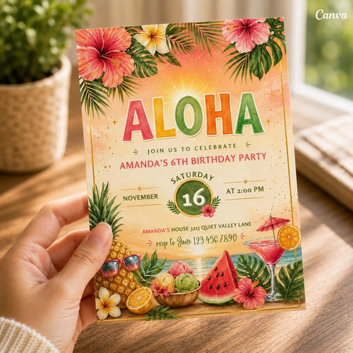 Aloha party invitation, Luau birthday, printable editable girl invite template, Pineapple invitation, Tropical Hawaii party