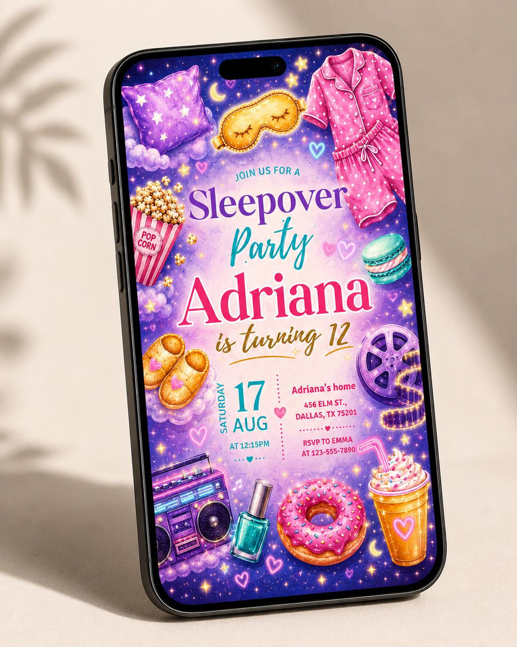 Sleepover Birthday Invitation, Slumber Party Invite Girls, Pajama Party Digital Card, Tween Sleepover Editable, Printable Sleepover Evite