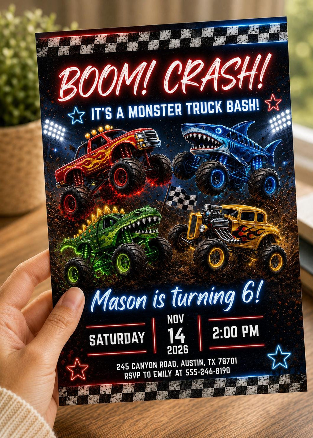 Monster Truck Birthday Invitation, Editable Boom Crash Monster, Bash Printable Invite, Trucks Birthday Template Boys Jam, any age, Canva