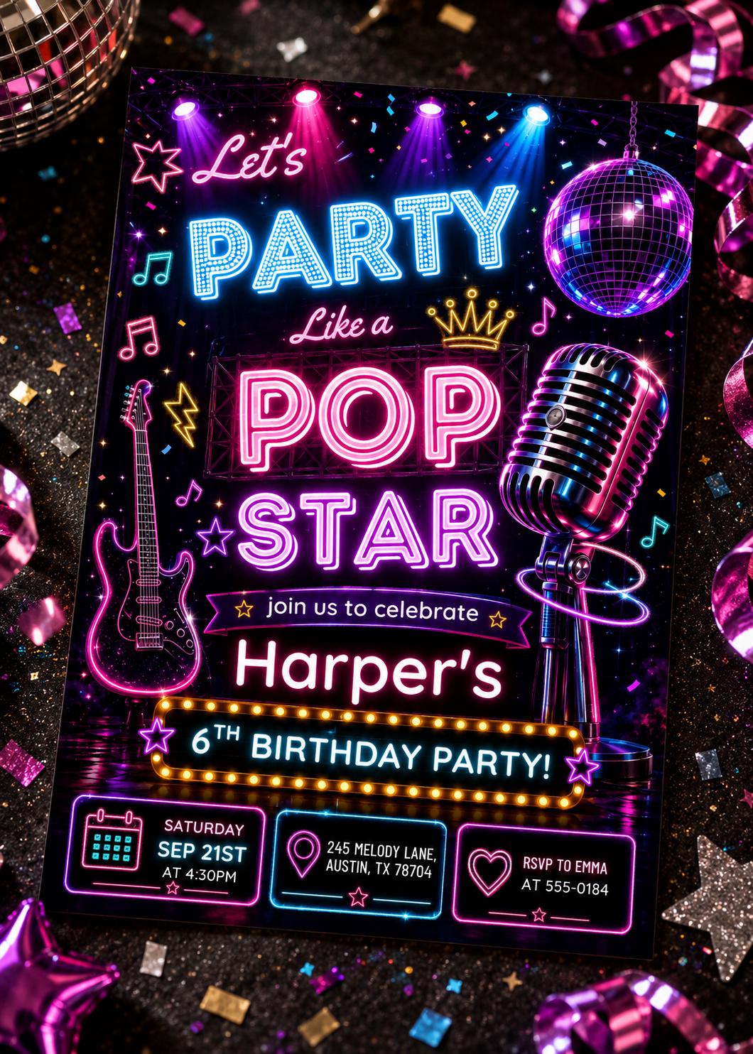 Pop Star Music Birthday Invitation, Pop Star Birthday Party, Neon Glow Party Like A Pop Star Girl Birthday Invite, Editable Canva Template