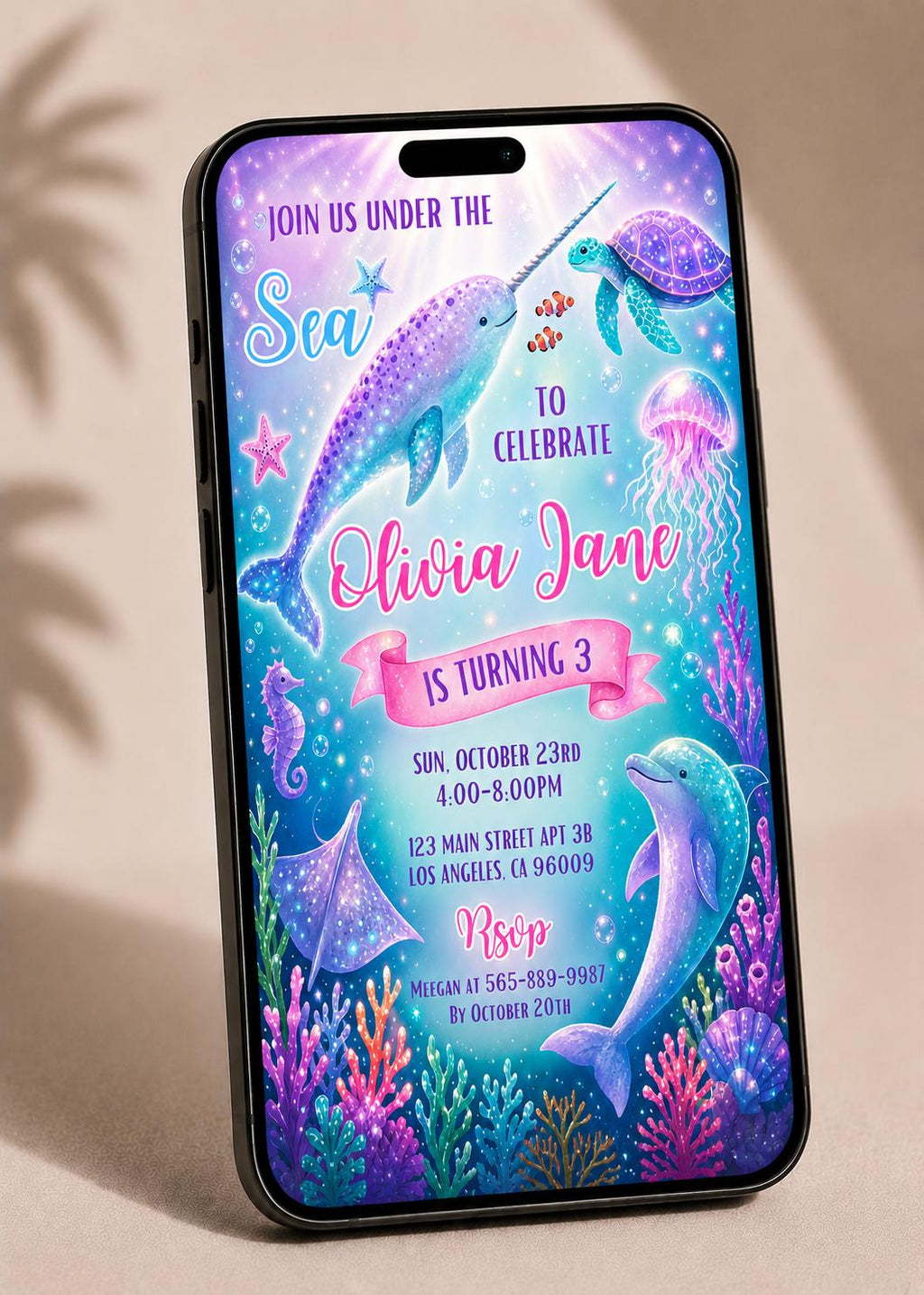 Under the sea Birthday Party invitation - Invite with dolphine turtle and narwhal - Instant download template digital
