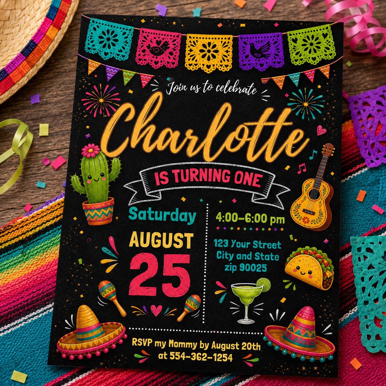 It's Time to Fiesta Birthday Invitation, Mexican Fiesta Party Invite, Fiesta Birthday Invitation, Mexican birthday, Editable Canva , A5