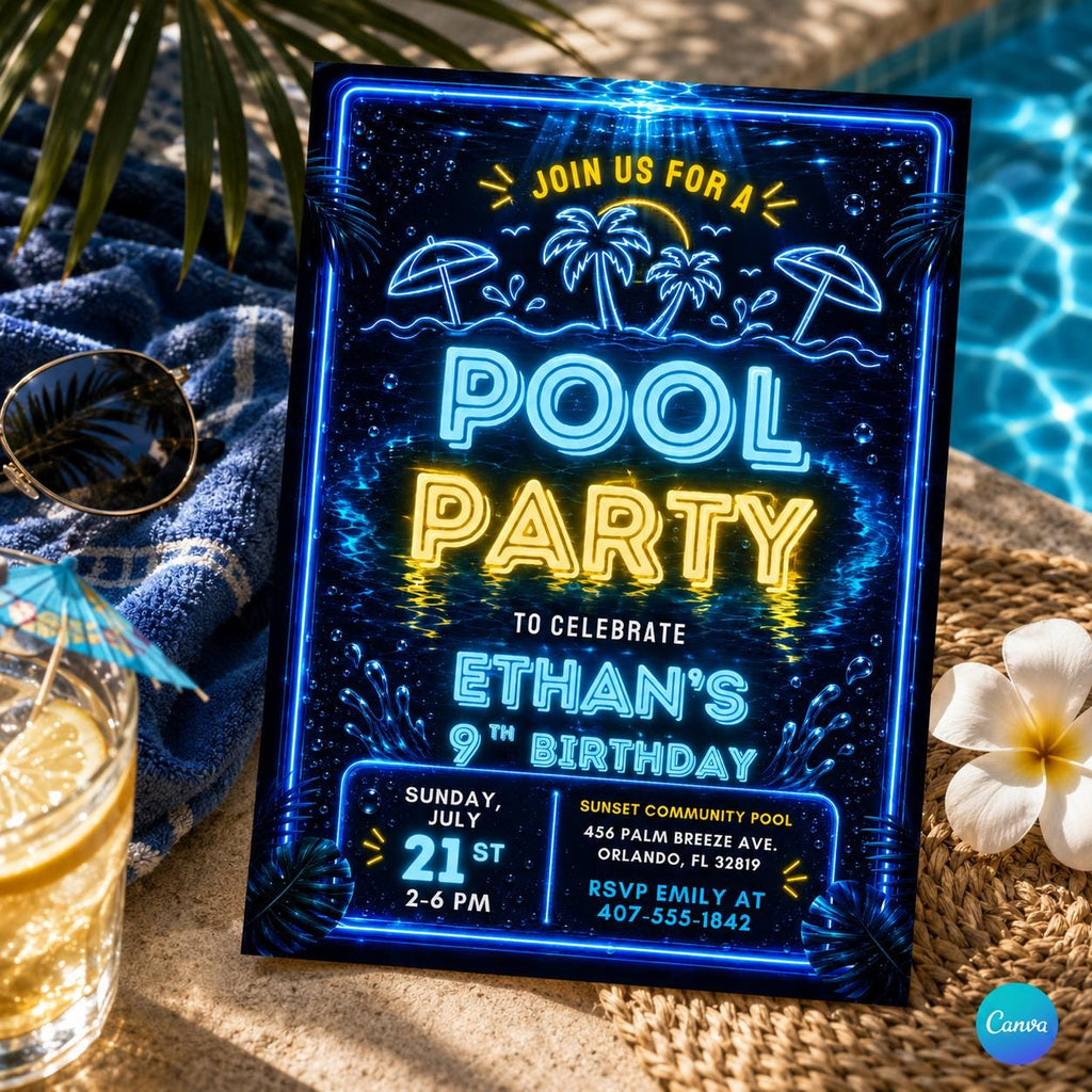 Pool Party Birthday Party Invitation Template, Hand Drawn Whimsical Swim Birthday Invite, Pink Bow Coquette Summer Birthday Pool Celebration