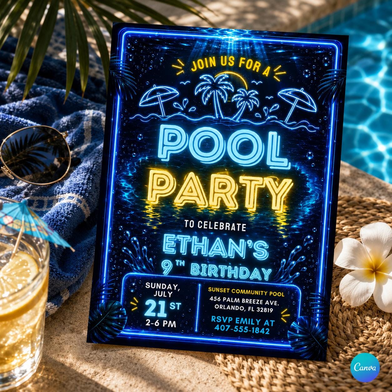 Pool Party Birthday Party Invitation Template, Hand Drawn Whimsical Swim Birthday Invite, Pink Bow Coquette Summer Birthday Pool Celebration