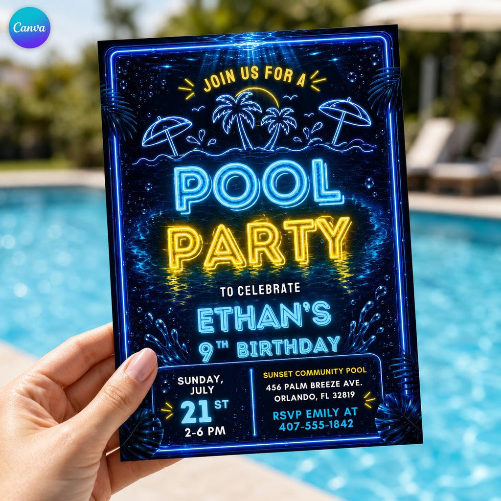 Pool Party Birthday Party Invitation Template, Hand Drawn Whimsical Swim Birthday Invite, Pink Bow Coquette Summer Birthday Pool Celebration