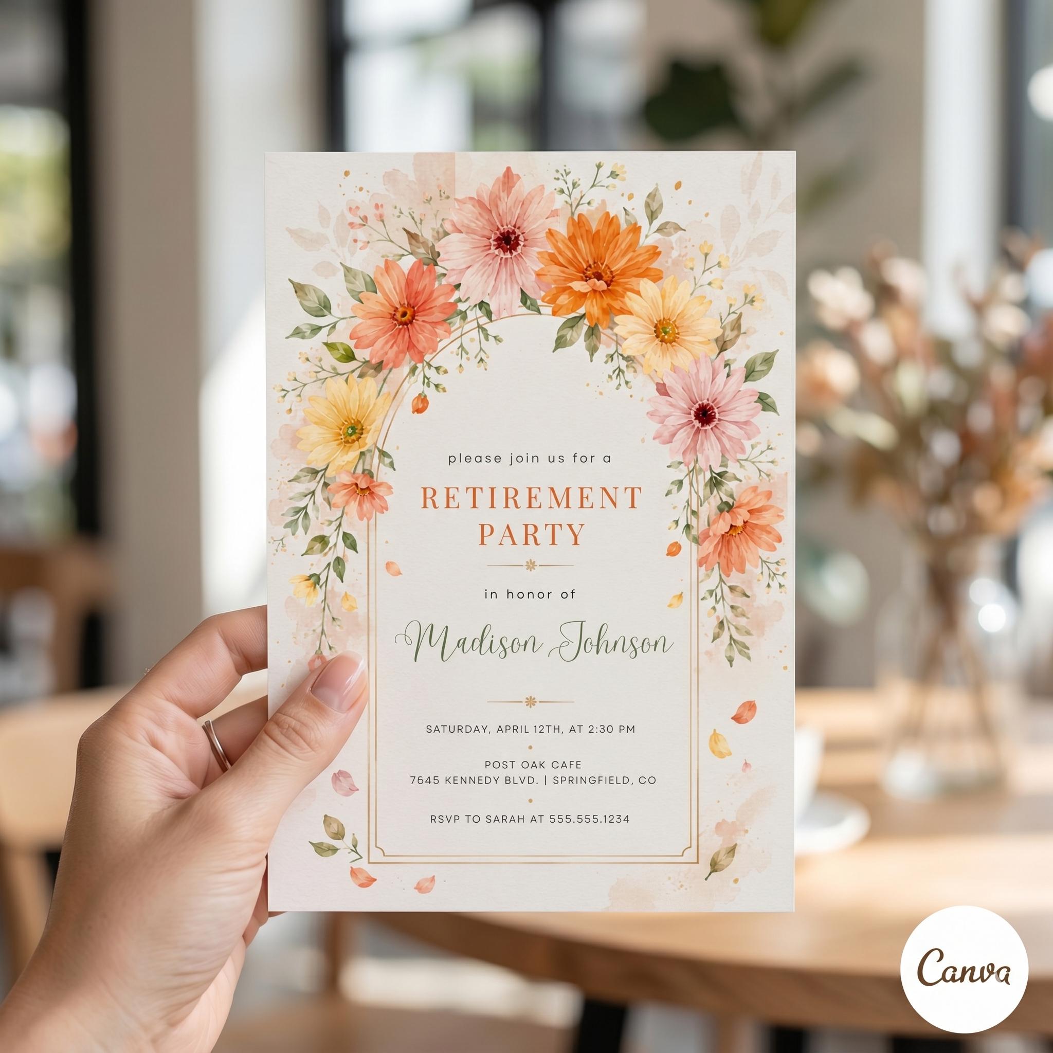 Pink and Orange Floral Retirement Invitation, Editable Digital File or Printed 5x7 Invites