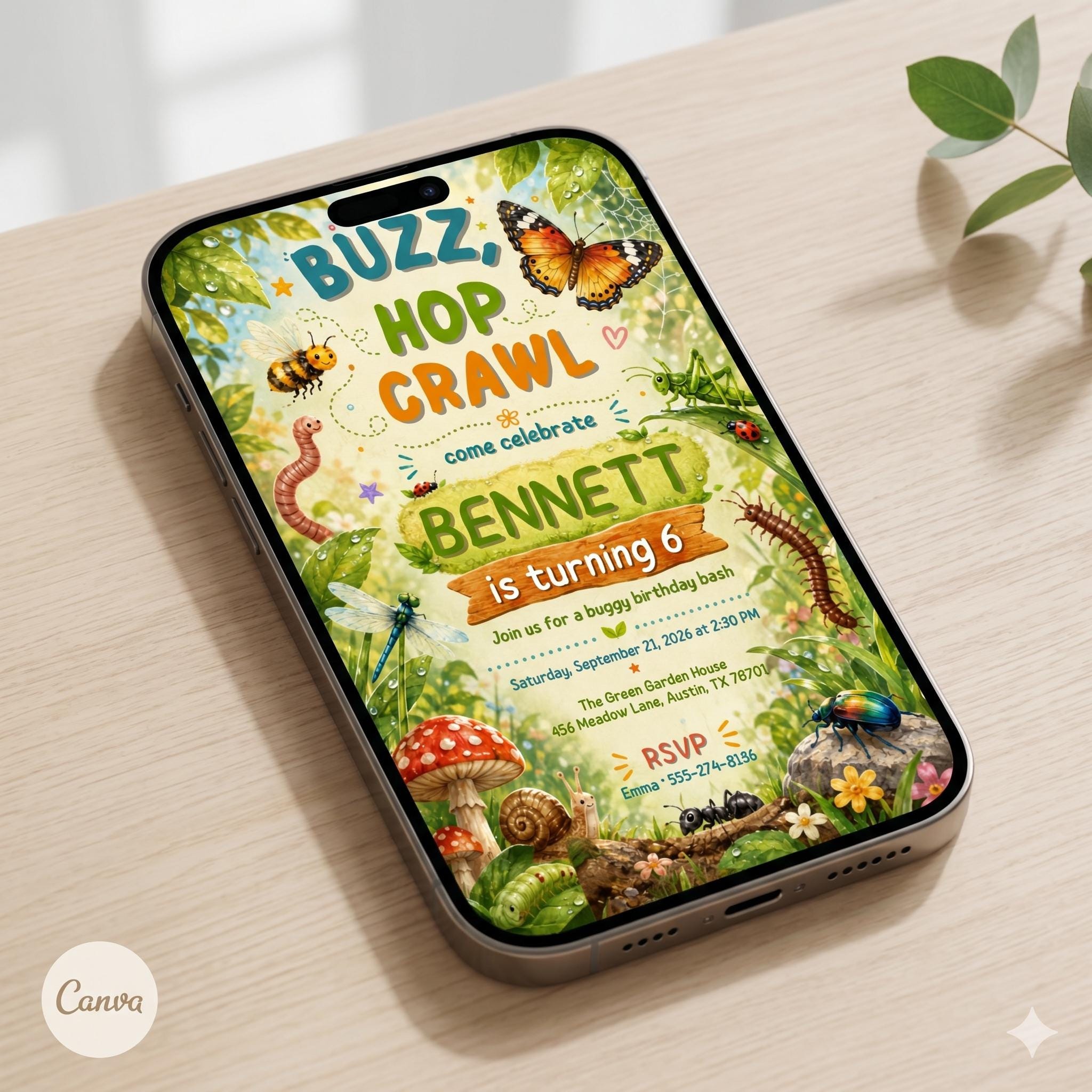 Insect Bugs Birthday Invitation, Buzz Hop Crawl, Outdoor Invite Nature Theme Party, Bugs Birthday Invitation, Canva Editable Template A6