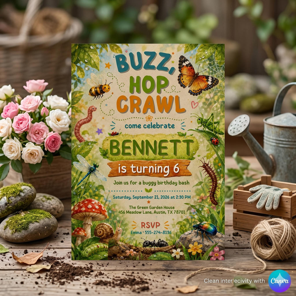 Insect Bugs Birthday Invitation, Buzz Hop Crawl, Outdoor Invite Nature Theme Party, Bugs Birthday Invitation, Canva Editable Template A6