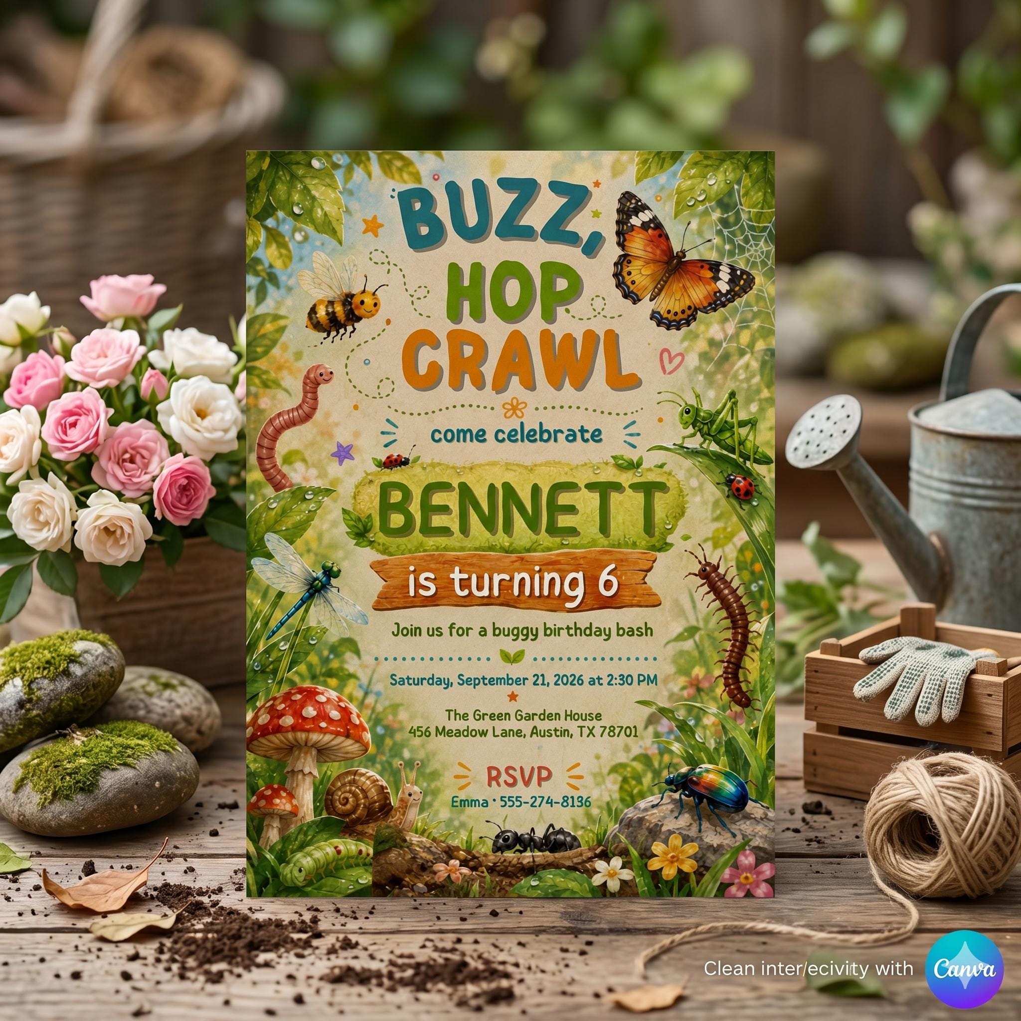 Insect Bugs Birthday Invitation, Buzz Hop Crawl, Outdoor Invite Nature Theme Party, Bugs Birthday Invitation, Canva Editable Template A6