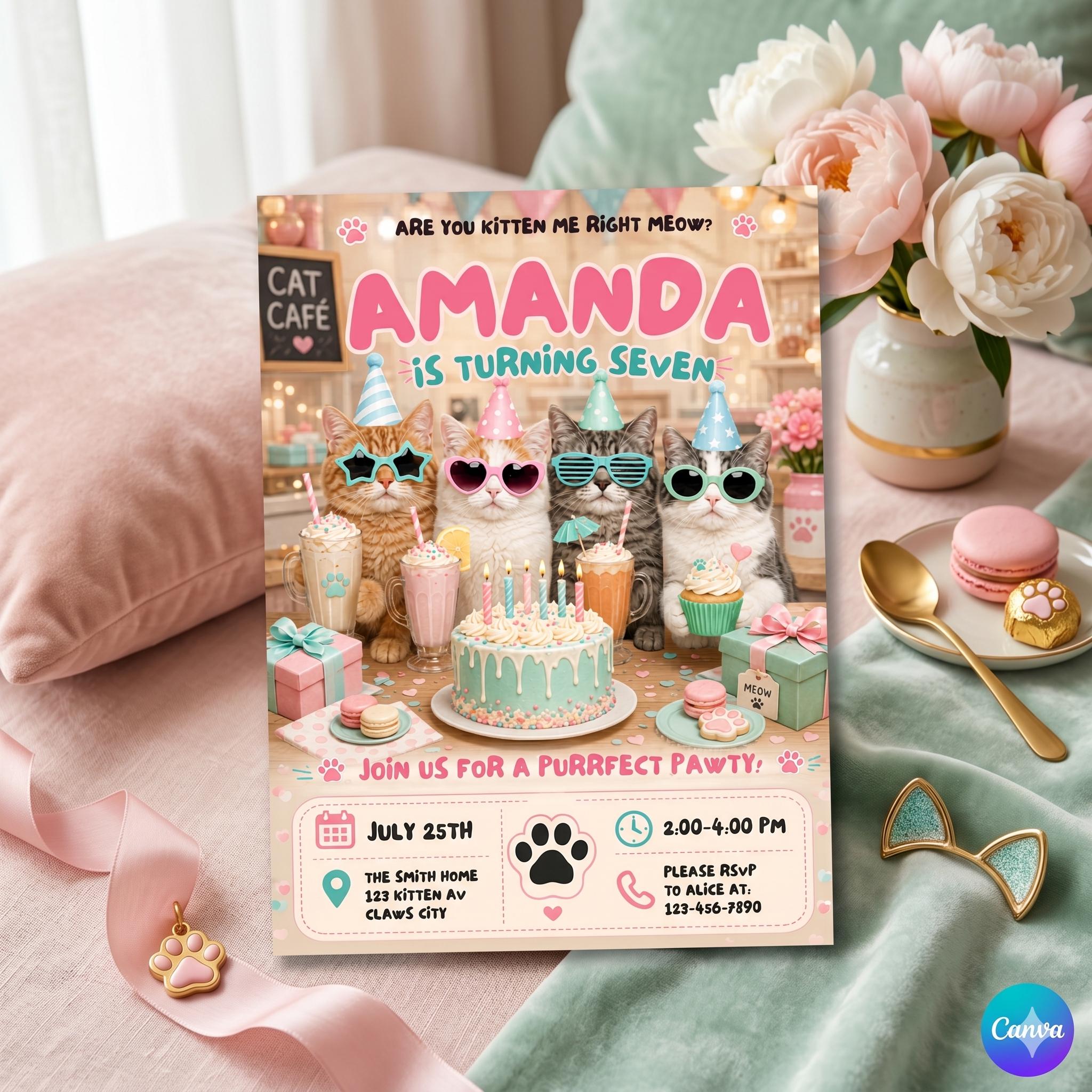 Funny Cat Birthday Invitation Card, Purrfect Pawty Kitten Party Invite, Custom Kids Birthday Invitation, editable canva (Digital Download)