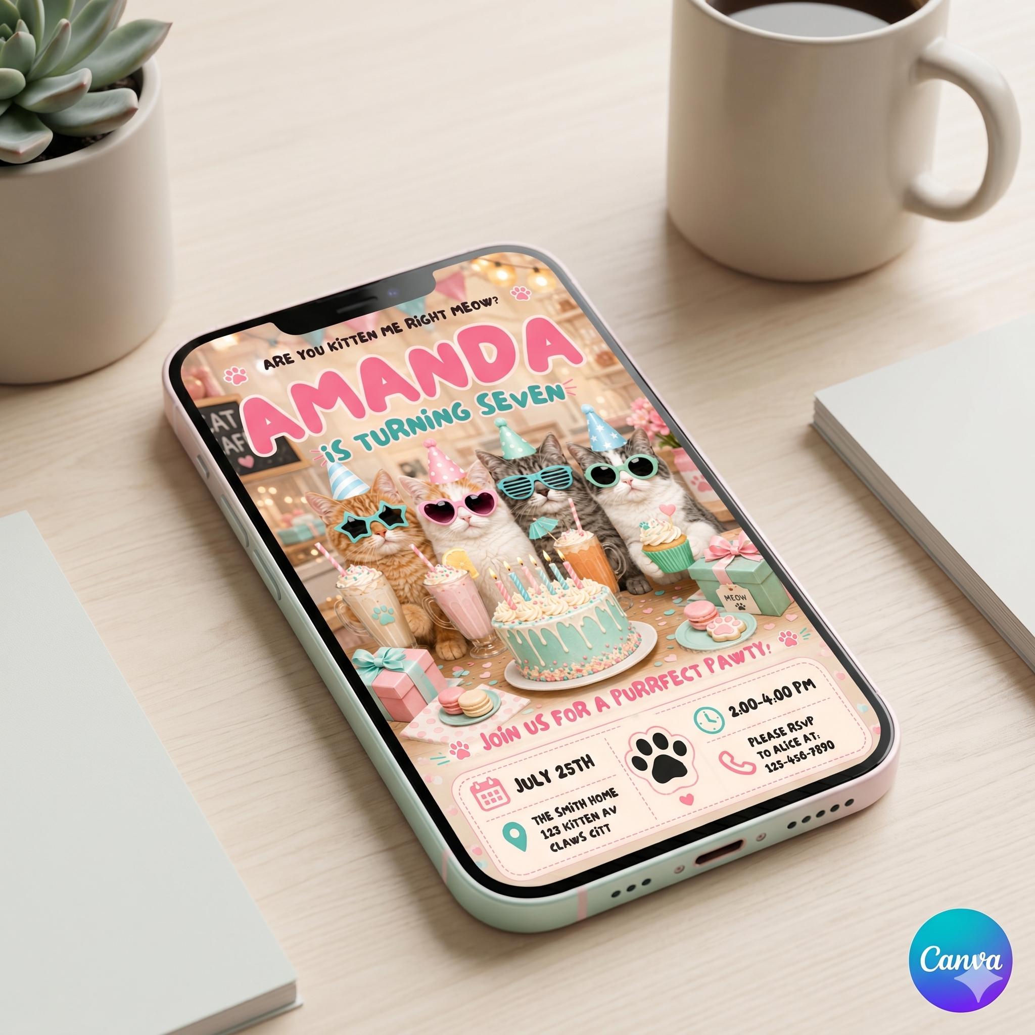 Funny Cat Birthday Invitation Card, Purrfect Pawty Kitten Party Invite, Custom Kids Birthday Invitation, editable canva (Digital Download)