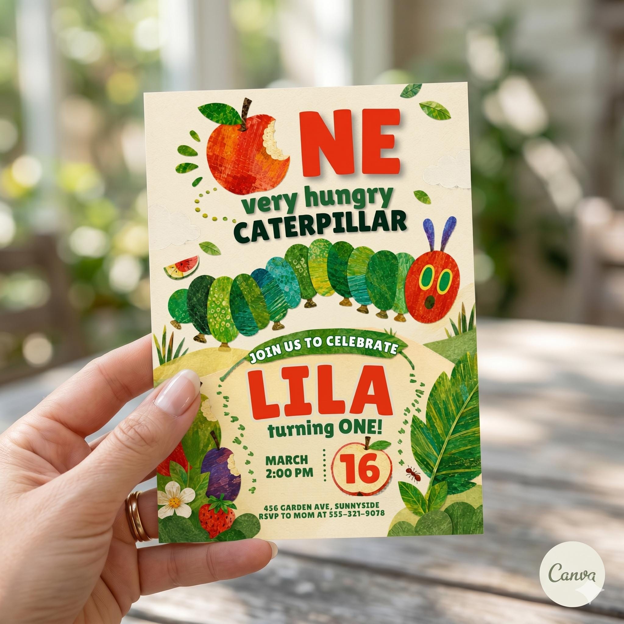 Very Hungry Caterpillar First Birthday Invitation, Hungry Caterpillar Invite, Kid Invitation, Any Age, Caterpillar Invitation Template