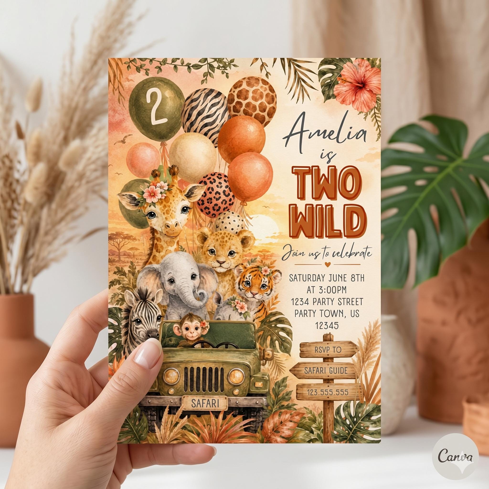 Two Wild Safari Birthday Invitation, Jungle Party Animals Invitation, Jungle Second Birthday Party Invite, canva template