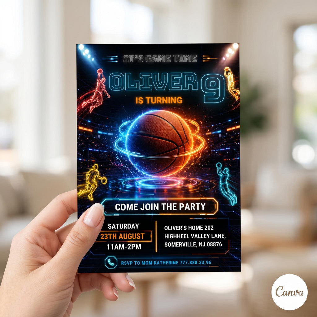 Sport game Printable birthday invitation, Editable invitation, NBA invite, basketball birthday invite, slam dunk invitation, canva editable