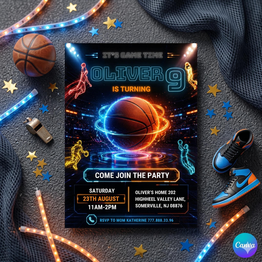 Sport game Printable birthday invitation, Editable invitation, NBA invite, basketball birthday invite, slam dunk invitation, canva editable