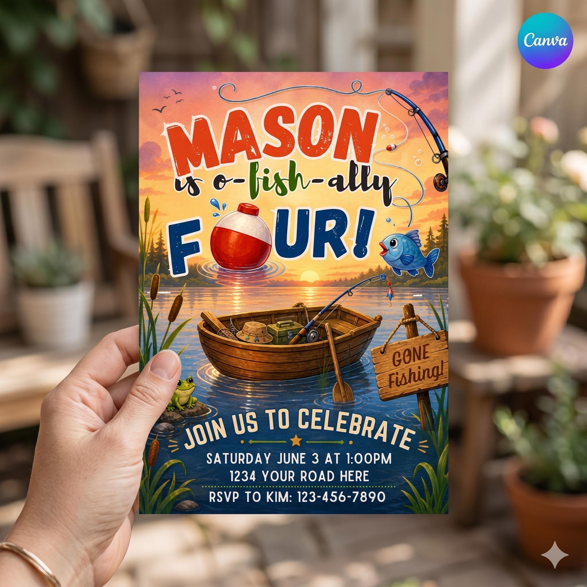 Ofishally Four Invitation, Fishing Birthday Invitation, Fish 4th Birthday Invite, The Big One Invitation, Fish Ally Invite, canva template
