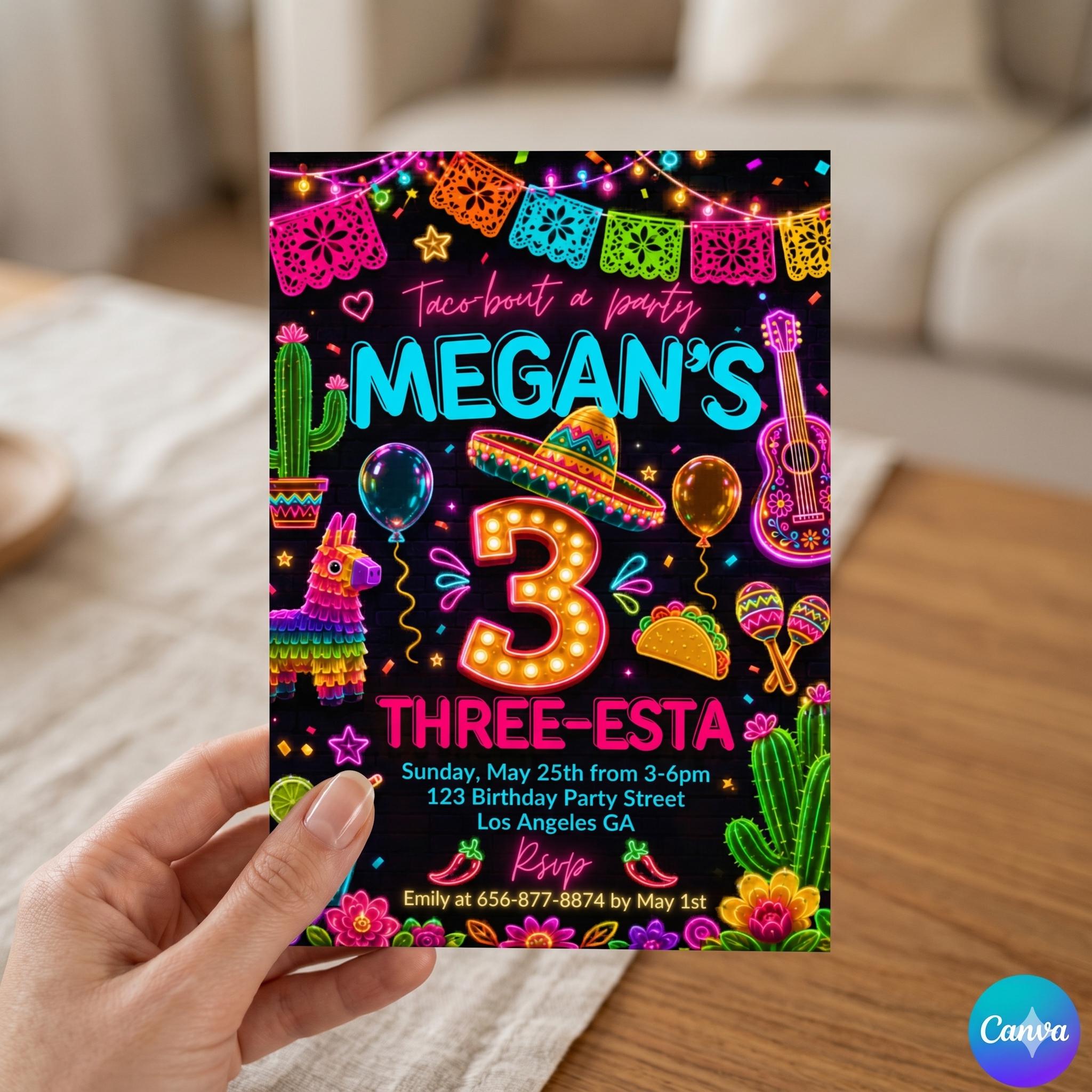 Three-esta Birthday Party invitation - Fiesta 3rd Bday invites for a girl - Edit template Custom, editable canva template