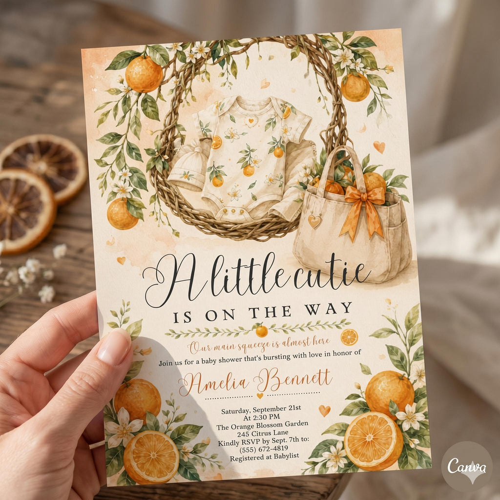 A Little Cutie is on the way Baby Shower Invitation, Orange Citrus Invite, Digital Editable Template