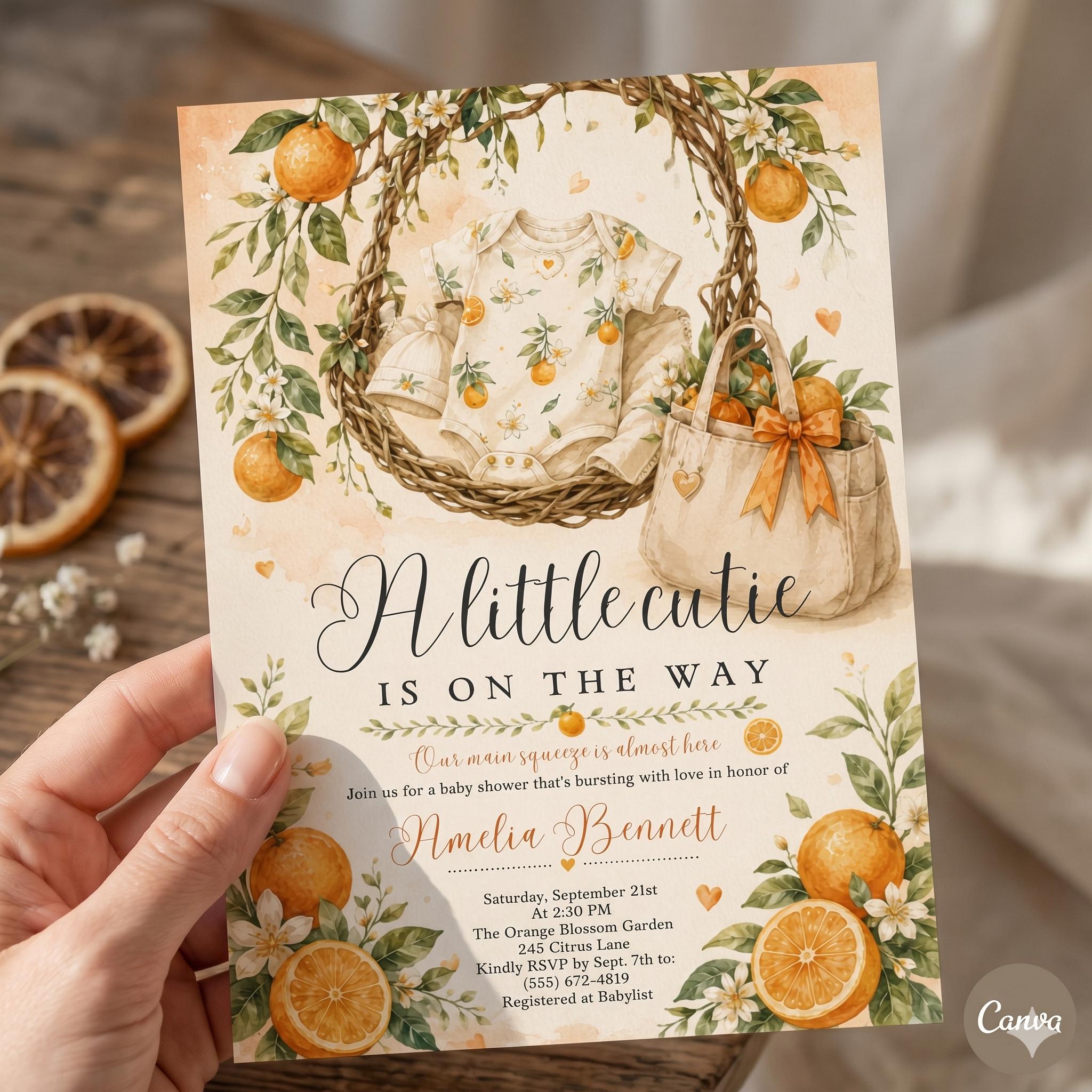A Little Cutie is on the way Baby Shower Invitation, Orange Citrus Invite, Digital Editable Template