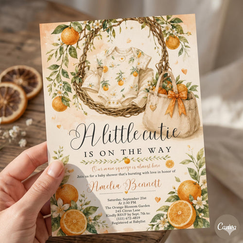 A Little Cutie is on the way Baby Shower Invitation, Orange Citrus Invite, Digital Editable Template