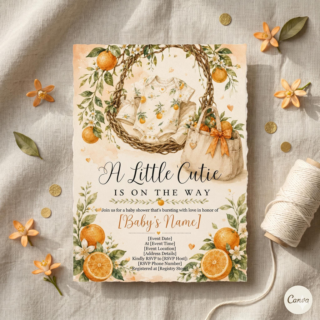 A Little Cutie is on the way Baby Shower Invitation, Orange Citrus Invite, Digital Editable Template