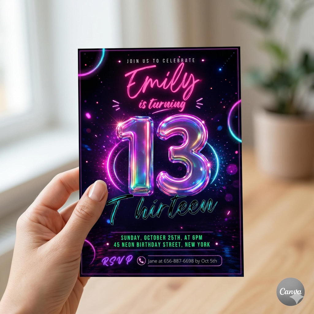 Editable 13th Birthday invitation - Girl Neon Glow Party invite Instant download template digital