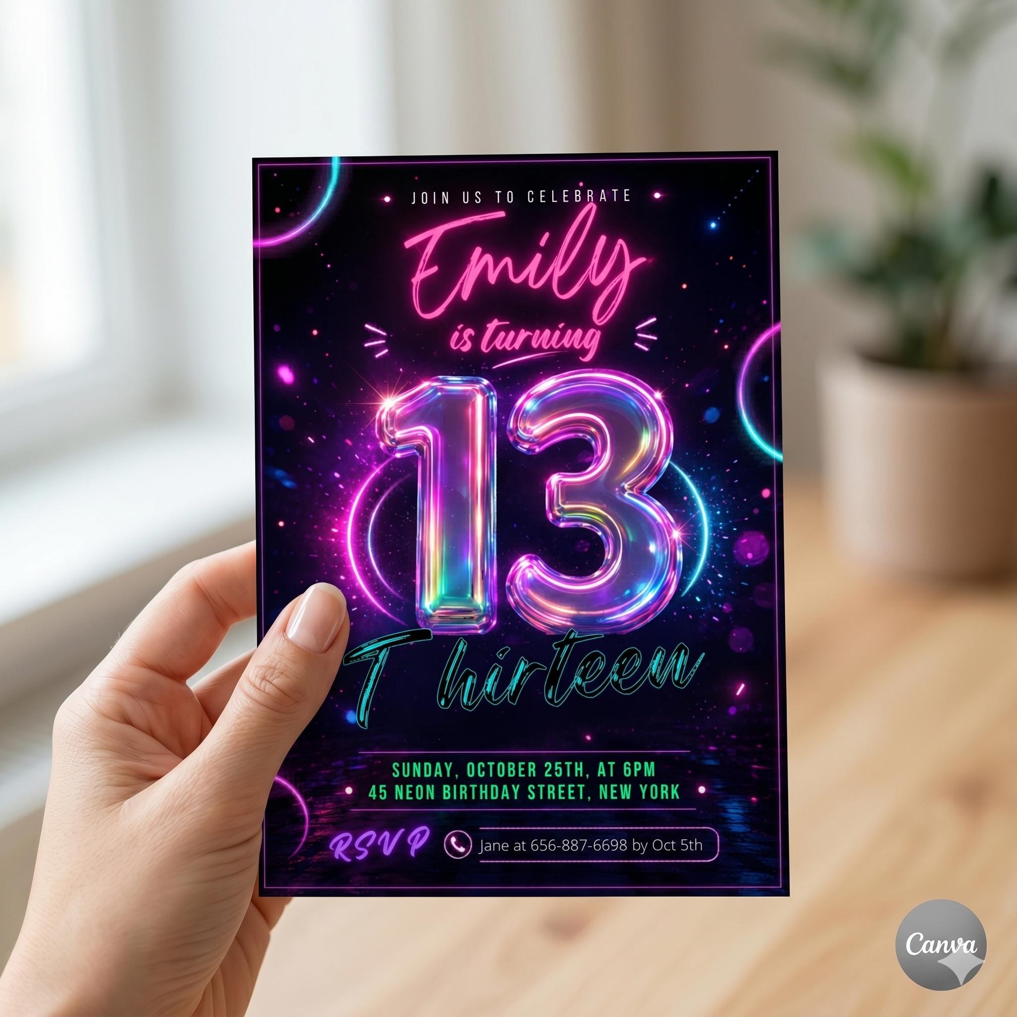 Editable 13th Birthday invitation - Girl Neon Glow Party invite Instant download template digital