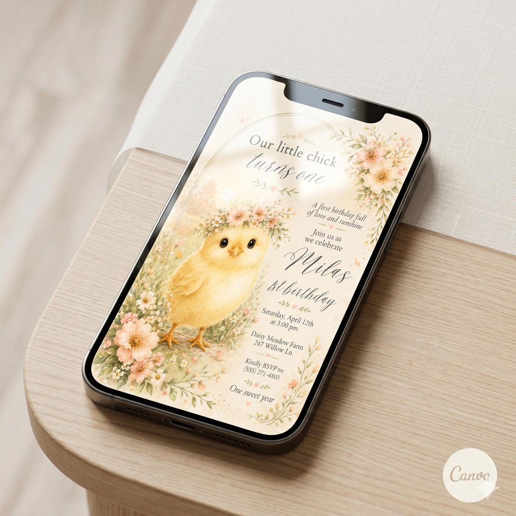 Our Little Chick Turns One First Birthday Invitation, Spring Easter 1st Birthday Invite, Editable Chick Birthday Invitation, Floral Spring