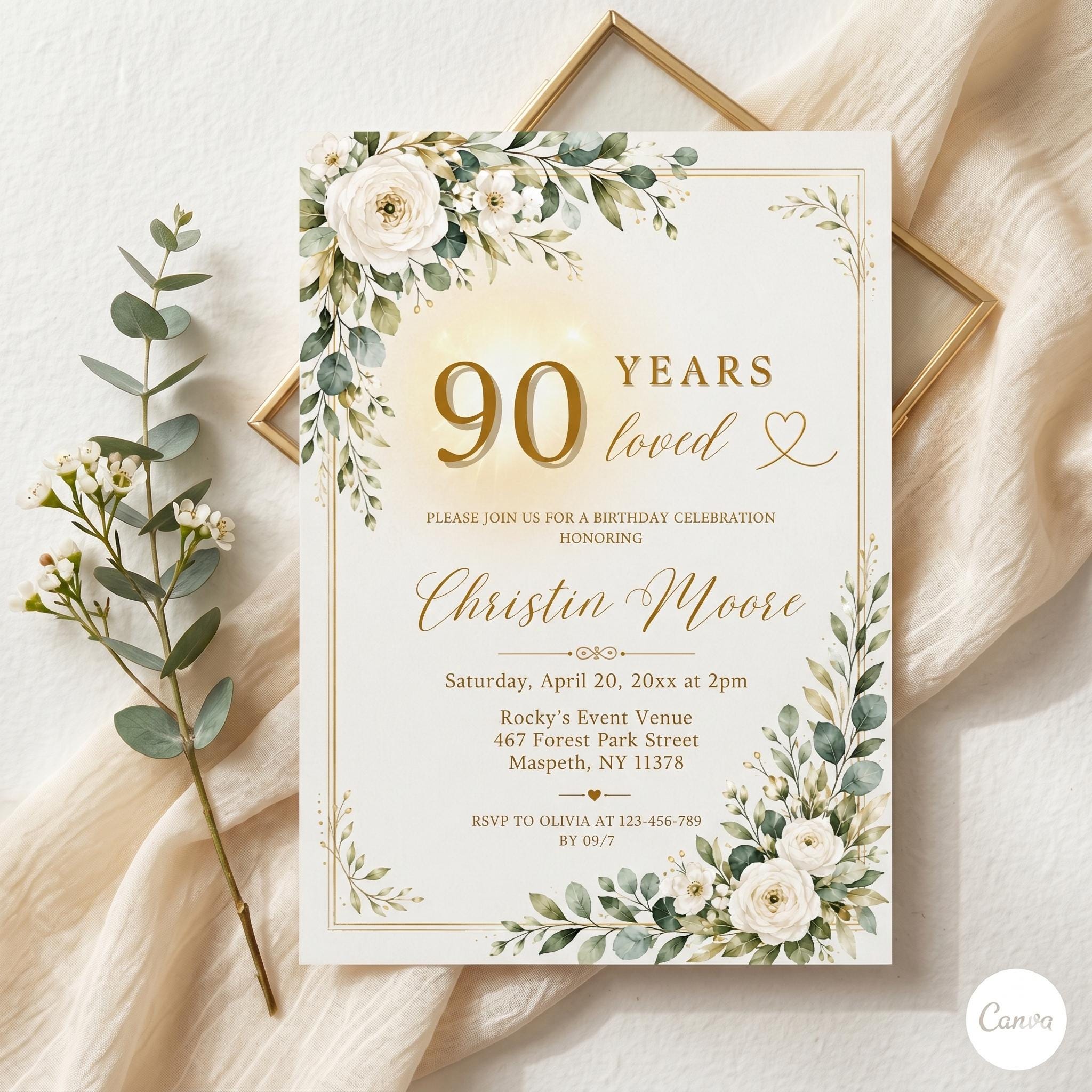 Greenery 90th Birthday Invitation, 90 Years Loved, Botanical Invite
