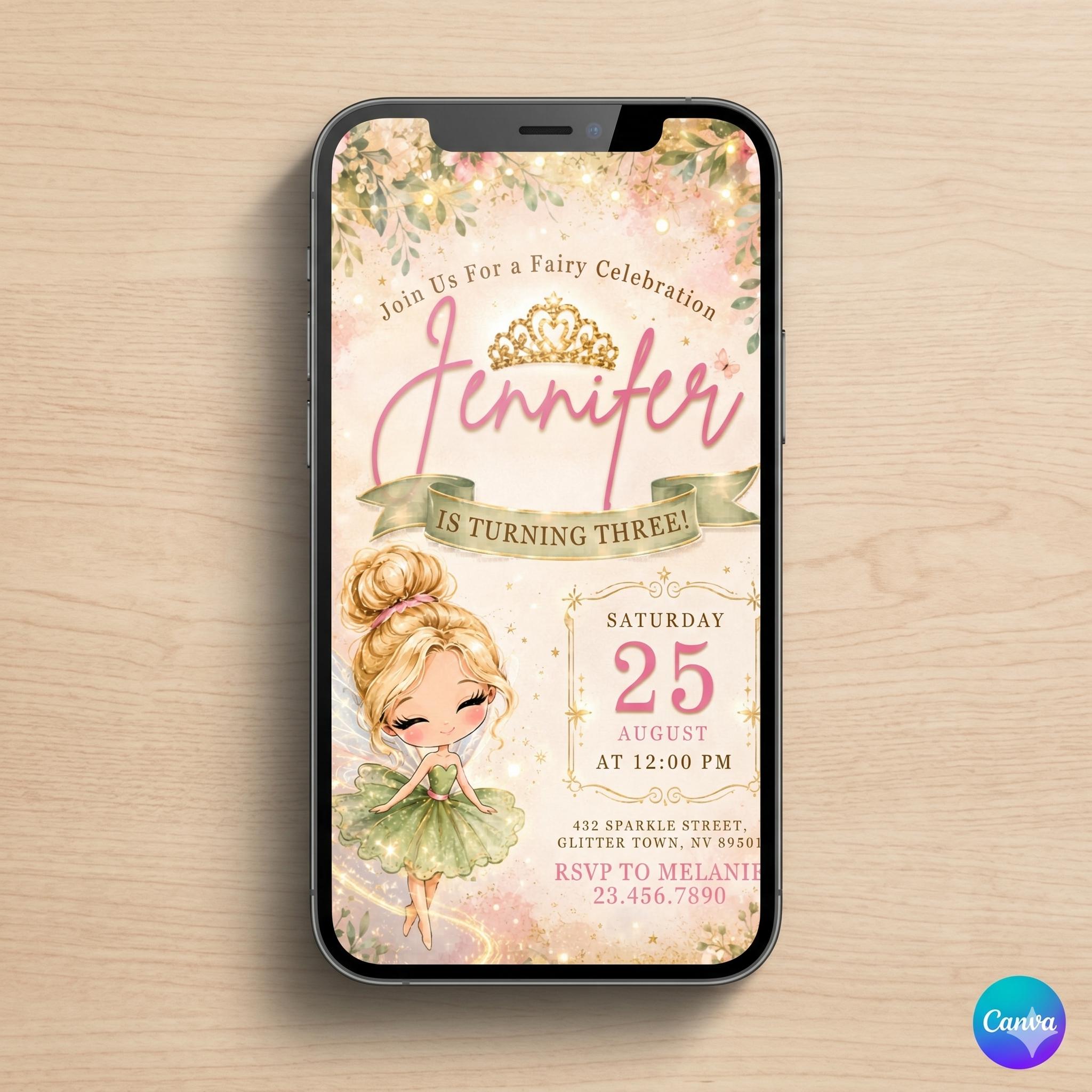 Printable fairy Tinkerbell fairy Birthday Invitation, tinker bell invitation, editable invite, peter pen invite, girl invite template