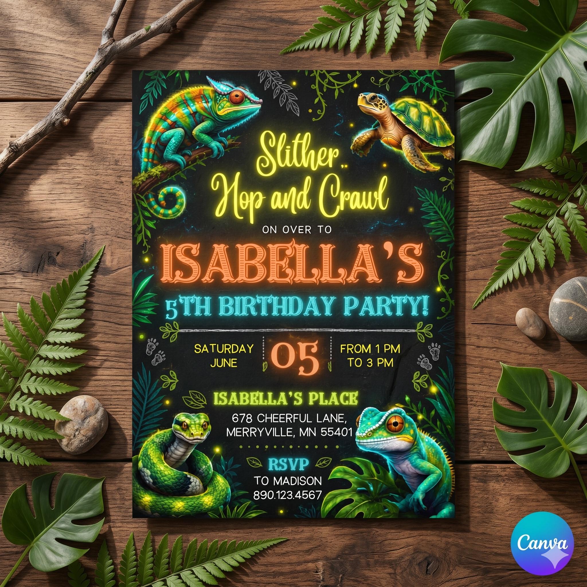 reptile invitation, Printable Birthday Invite, editable Reptile invitation, lizard invite, printed invitations, snake invite template
