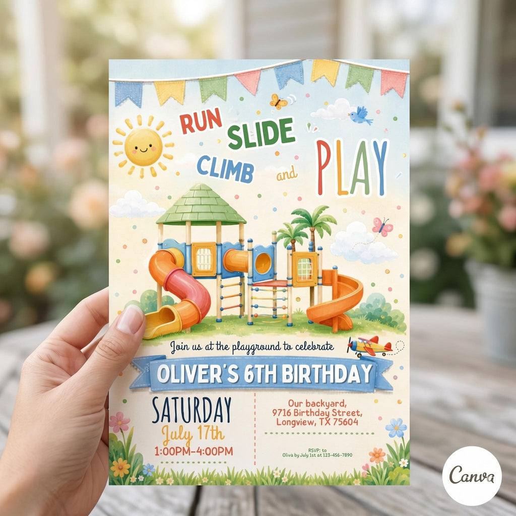 Playground Birthday Party Invitation - Outdoor Party Invite at Summer Park - Editable Edit template